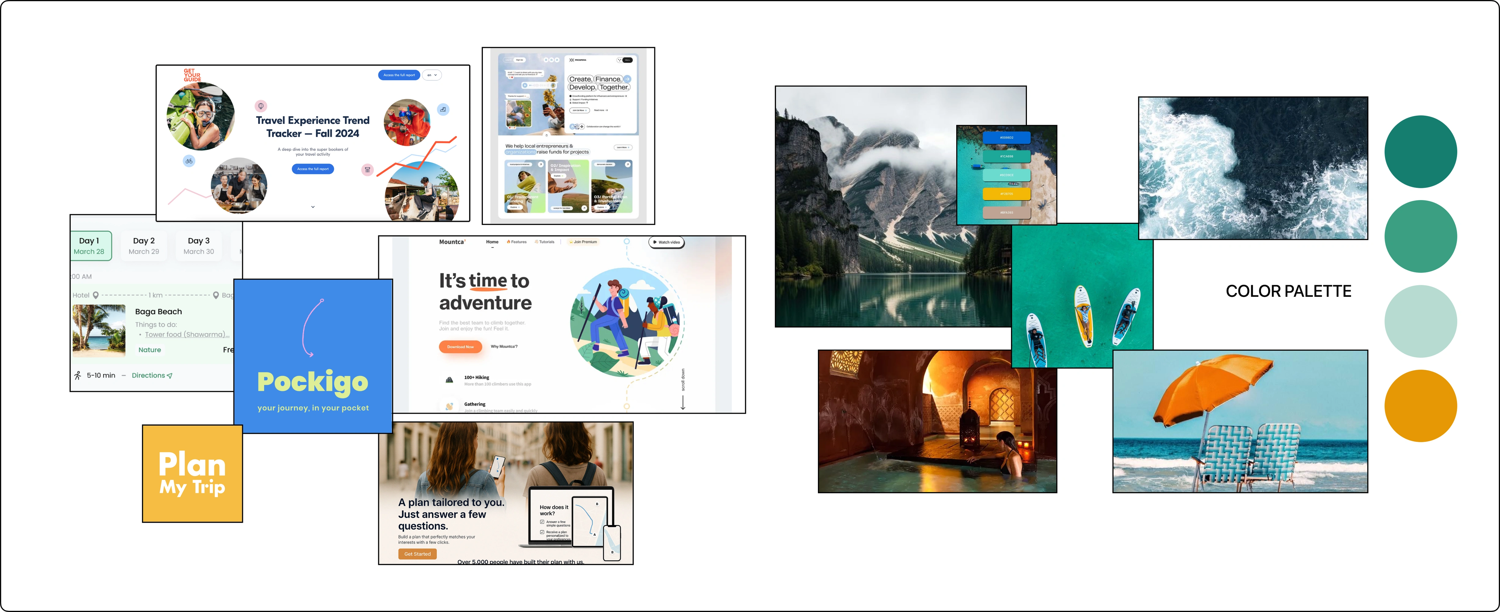 Pockigo mood board — competitor inspiration, travel imagery and proposed colour palette